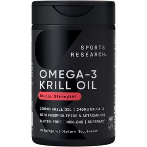 imageSports Research Antarctic Krill Oil Omega 3 Softgels 1000mg Double Strength with Phospholipids Choline ampamp Astaxanthin  Sustainably Sourced NonGMO Verified ampamp Gluten Free  60 Capsules30 Count Pack of 1