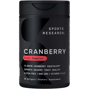 imageSports Research Cranberry Fruit Complex Supplement  Softgels for Urinary Tract Health Support  Equal to 25000mg of Cranberries Made with Pacran ampamp Vitamins C ampamp E  NonGMO ampamp Gluten Free  90 Count