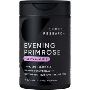 imageSports Research Evening Primrose Oil 1300mg ColdPressed with No fillers or Artificial Ingredients NonGMO Tested  Gluten and Soy Free 120 Liquid Softgels30 Count Pack of 1