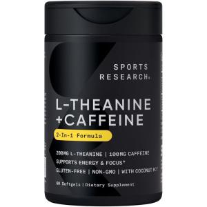 imageSports Research LTheanine Supplement with Caffeine ampamp Coconut MCT Oil  Focused Energy Alertness ampamp Relaxation Without Drowsiness  200mg L Theanine 100mg Organic Caffeine  60 Liquid Softgels