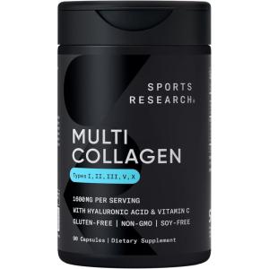imageSports Research Multi Collagen Pills Type I II III V X Hydrolyzed Collagen Peptides with Hyaluronic Acid  Vitamin C  NonGMO Verified ampamp Gluten Free  90 CapsulesCapsule