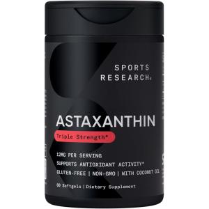 imageSports Research Triple Strength Astaxanthin Supplement 6mg with Organic Coconut Oil for Antioxidant Activity Skin ampamp Eye Health Support  NonGMO Verified ampamp Gluten Free  120 Softgels60 Count Pack of 1