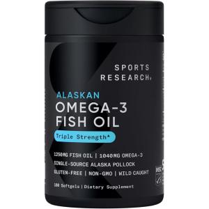 imageSports Research Triple Strength Omega 3 Fish Oil  Burpless Fish Oil Supplement wEPA ampamp DHA Fatty Acids from Wild Alaskan Pollock  Heart Brain ampamp Immune Support for Men ampamp Women  1250 mg 240 ct180 Count Pack of 1