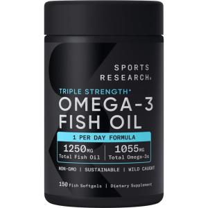 imageSports Research Triple Strength Omega 3 Fish Oil  Burpless Fish Oil Supplement wEPA ampamp DHA Fatty Acids from Wild Caught Fish  Heart Brain ampamp Immune Support for Men ampamp Women  1250 mg 150 ct