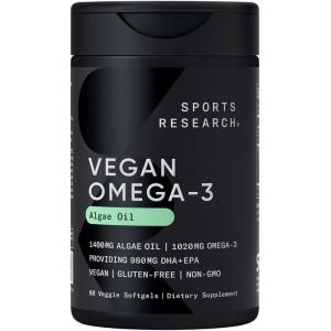 imageSports Research Vegan Omega3 with Vitamin D3 Softgels  1020mg Omega3 ampamp 5000iu D3 Supplement  Fish Oil Alternative with Vitamin D  PlantBased Support from Algae Oil  60 Veggie Softgels forVegan Omega3