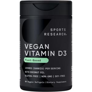 imageSports Research Vegan Vitamin D3 5000IU 125 mcg with Coconut Oil  100 PlantBased Vitamin D for Bone Joint ampamp Immune Support  Carrageenan Free Vegan Certified ampamp NonGMO Verified 60 Softgels