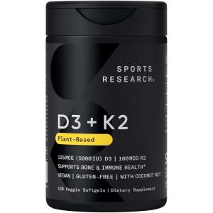 imageSports Research Vitamin D3  K2 with Coconut MCT Oil  Vegan D3 5000 IU with K2 100 mcg for Bone ampamp Immune Health  Vegan Certified Soy ampamp Gluten Free  120 Softgels120 Count Pack of 1
