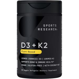 imageSports Research Vitamin D3  K2 with Coconut MCT Oil  Vegan D3 5000 IU with K2 100 mcg for Bone ampamp Immune Health  Vegan Certified Soy ampamp Gluten Free  120 Softgels30 Count Pack of 1