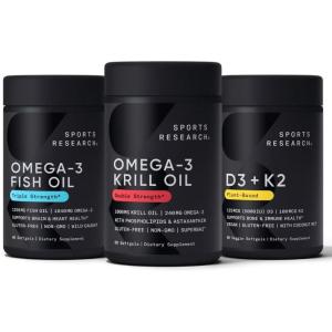 imageSports Research Antarctic Krill Oil Omega 3 1000mg Double Strength with Phospholipids Choline ampamp Astaxanthin Triple Strength Omega 3 Fish Oil SingleSource Wild Alaska Pollock 1250mg Vitamin D3 K2