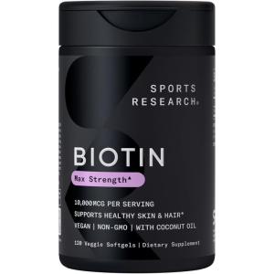 imageSports Research Extra Strength Vegan Biotin Vitamin B Supplement with Organic Coconut Oil  Supports Keratin for Healthier Hair ampamp Skin  Great for Women ampamp Men  5000mcg 120 Veggie Softgel Capsules10 000mcg