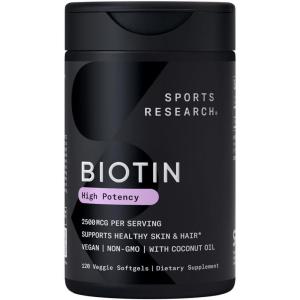 imageSports Research Extra Strength Vegan Biotin Vitamin B Supplement with Organic Coconut Oil  Supports Keratin for Healthier Hair ampamp Skin  Great for Women ampamp Men  5000mcg 120 Veggie Softgel Capsules2 500mcg