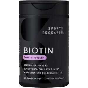 imageSports Research Extra Strength Vegan Biotin Vitamin B Supplement with Organic Coconut Oil  Supports Keratin for Healthier Hair ampamp Skin  Great for Women ampamp Men  5000mcg 120 Veggie Softgel Capsules5 000 mcg