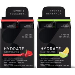 imageSports Research Hydrate Electrolytes Dynamic Duo  SugarFree ampamp Naturally Flavored with Vitamins Minerals and Coconut Water  32 Hydration Packets of Cherry Pomegranate ampamp Lemon Lime