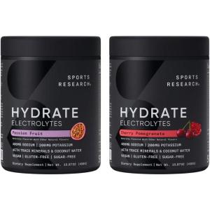 imageSports Research Hydrate Electrolytes Powder  SugarFree ampamp Naturally Flavored with Vitamins Minerals and Coconut Water  Supports Hydration  Passion Fruit ampamp Cherry Pomegranate