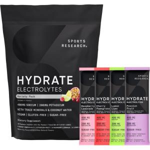 imageSports Research Hydrate Electrolytes Powder Packets  SugarFree ampamp Naturally Flavored with Vitamins Minerals and Coconut Water  Supports Hydration  16 Packets  Variety PackVariety Pack