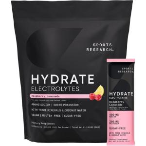 imageSports Research Hydrate Electrolytes Powder Packets  SugarFree ampamp Naturally Flavored with Vitamins Minerals and Coconut Water  Supports Hydration  16 Packets  Variety PackRaspberry Lemonade
