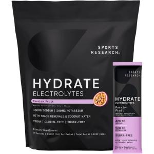 imageSports Research Hydrate Electrolytes Powder Packets  SugarFree ampamp Naturally Flavored with Vitamins Minerals and Coconut Water  Supports Hydration  16 Packets  Passion Fruit
