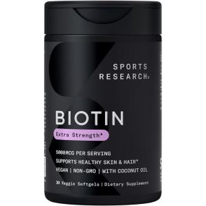 imageSports Research Extra Strength Vegan Biotin Vitamin B Supplement with Organic Coconut Oil  Supports Keratin for Healthier Hair ampamp Skin  Great for Women ampamp Men  5000mcg 30 Veggie Softgel Capsules5 000 mcg
