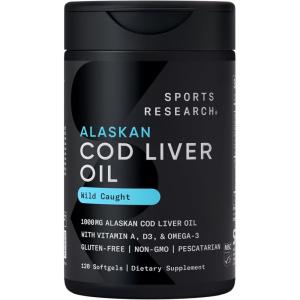 imageSports Research Omega3 Wild Alaskan Cod Liver Oil 1000mg with Vitamins A 1000 IU ampamp D3 400 IU  Burpless Bovine Free NonGMO ampamp MSC Certified Sustainable  120 Softgels120 Count Pack of 1