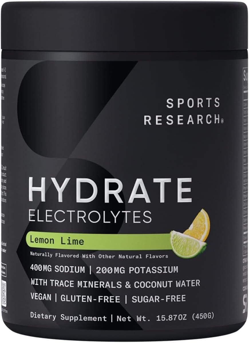 imageSports Research Hydrate Electrolytes Powder Packets  SugarFree ampamp Naturally Flavored with Vitamins Minerals and Coconut Water  Supports Hydration  32 Packets  Variety PackLemon Lime