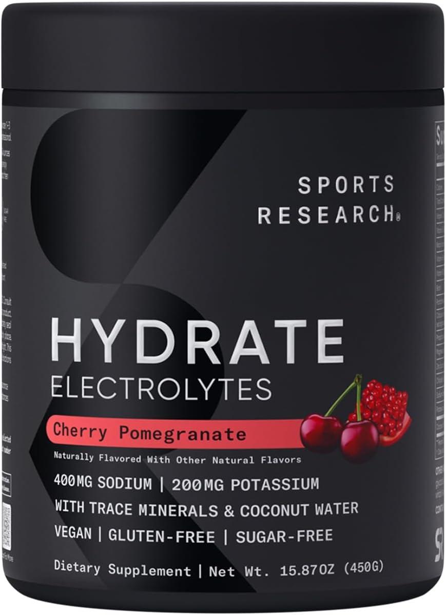 imageSports Research Hydrate Electrolytes Powder Packets  SugarFree ampamp Naturally Flavored with Vitamins Minerals and Coconut Water  Supports Hydration  32 Packets  Variety PackCherry Pomegranate