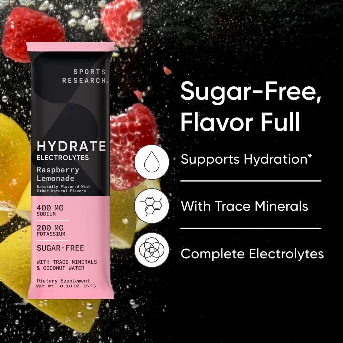 imageSports Research Hydrate Electrolytes Powder Packets  SugarFree ampamp Naturally Flavored with Vitamins Minerals and Coconut Water  Supports Hydration  32 Packets  Variety PackRaspberry Lemonade