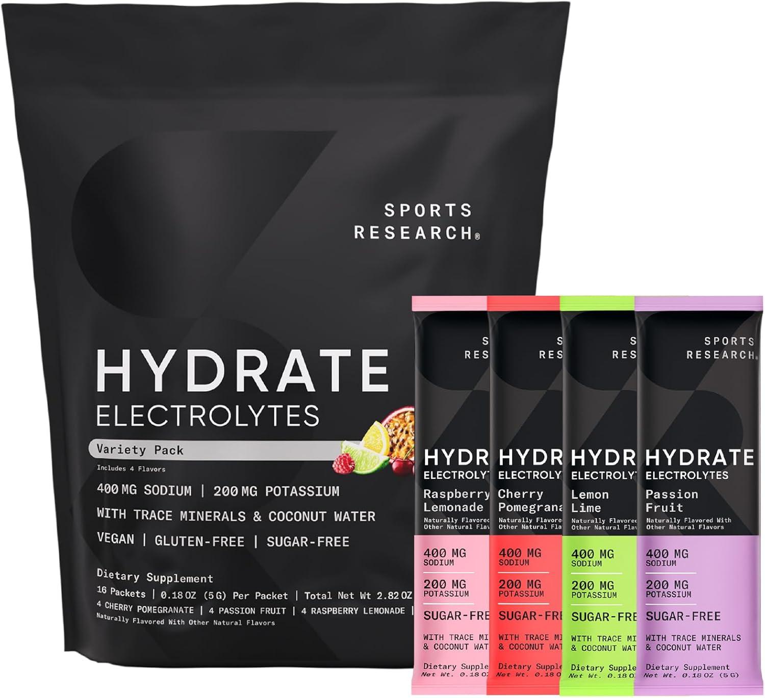 imageSports Research Hydrate Electrolytes Powder Packets  SugarFree ampamp Naturally Flavored with Vitamins Minerals and Coconut Water  Supports Hydration  32 Packets  Variety PackVariety Pack