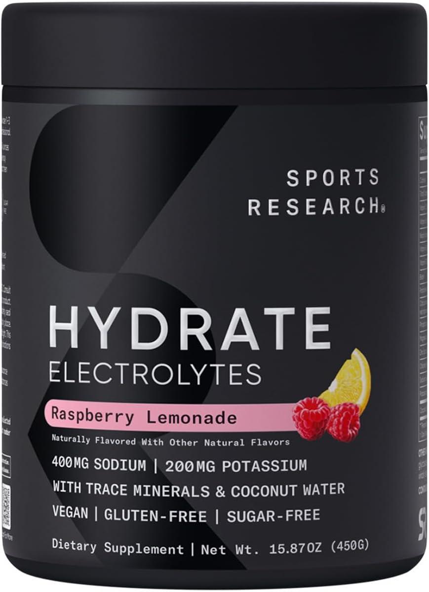 imageSports Research Hydrate Electrolytes Powder Packets  SugarFree ampamp Naturally Flavored with Vitamins Minerals and Coconut Water  Supports Hydration  32 Packets  Variety PackRaspberry Lemonade