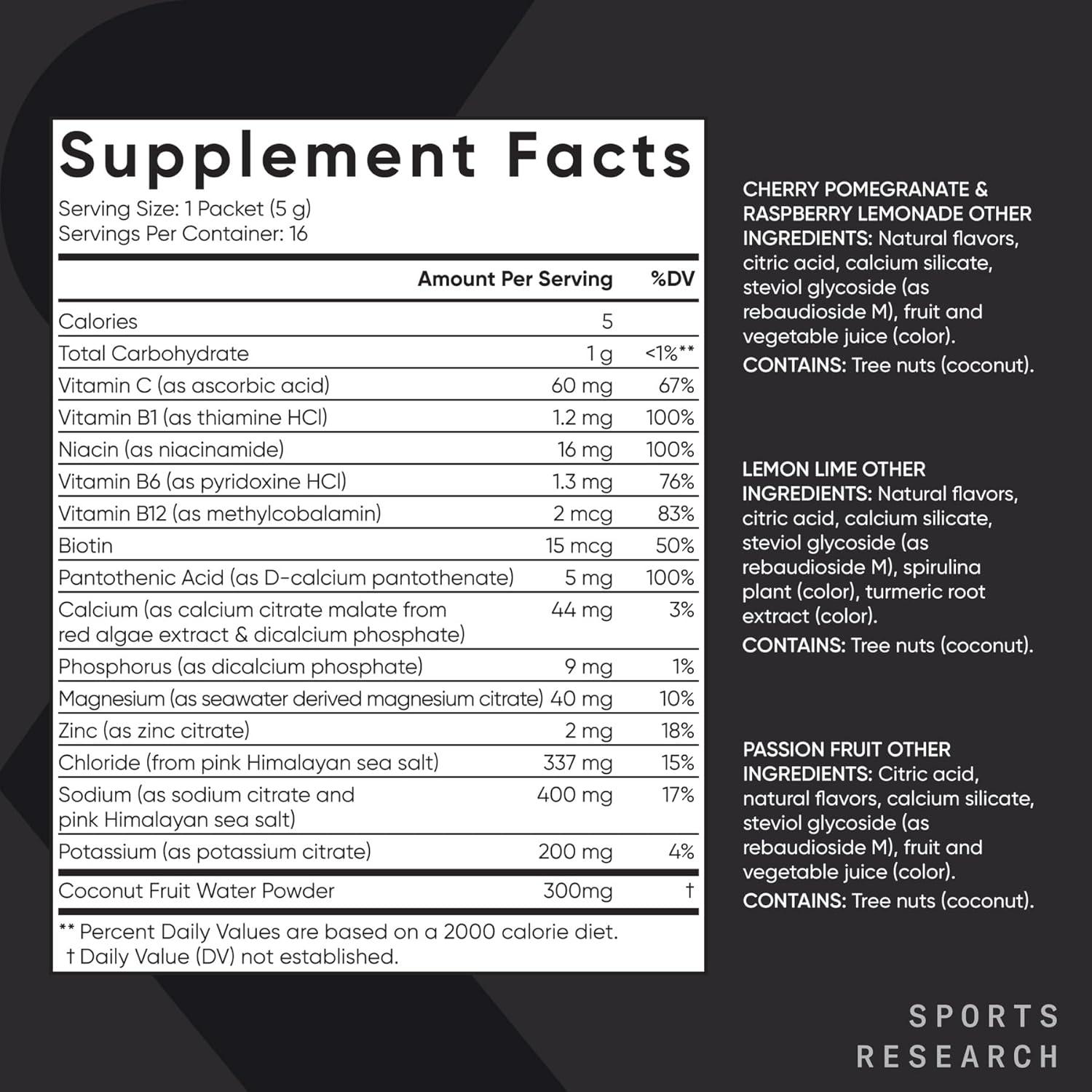 imageSports Research Hydrate Electrolytes Powder Packets  SugarFree ampamp Naturally Flavored with Vitamins Minerals and Coconut Water  Supports Hydration  32 Packets  Variety PackVariety Pack