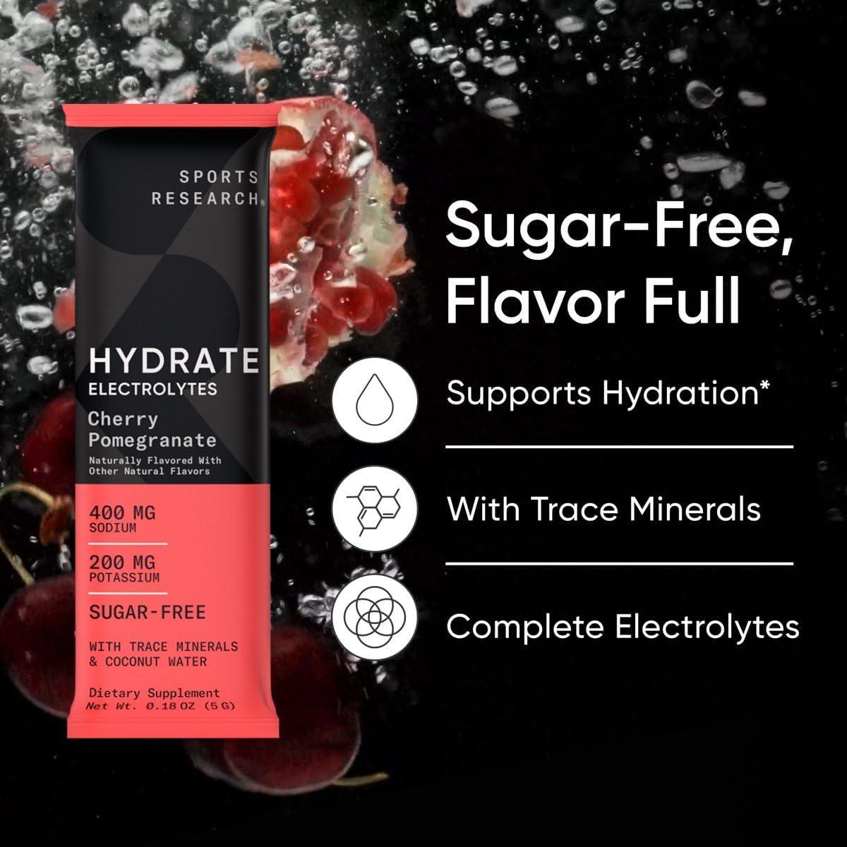 imageSports Research Hydrate Electrolytes Powder Packets  SugarFree ampamp Naturally Flavored with Vitamins Minerals and Coconut Water  Supports Hydration  32 Packets  Variety PackCherry Pomegranate
