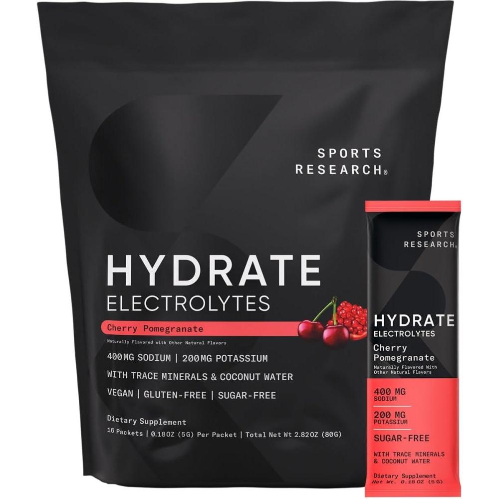 imageSports Research Hydrate Electrolytes Powder Packets  SugarFree ampamp Naturally Flavored with Vitamins Minerals and Coconut Water  Supports Hydration  32 Packets  Variety PackCherry Pomegranate