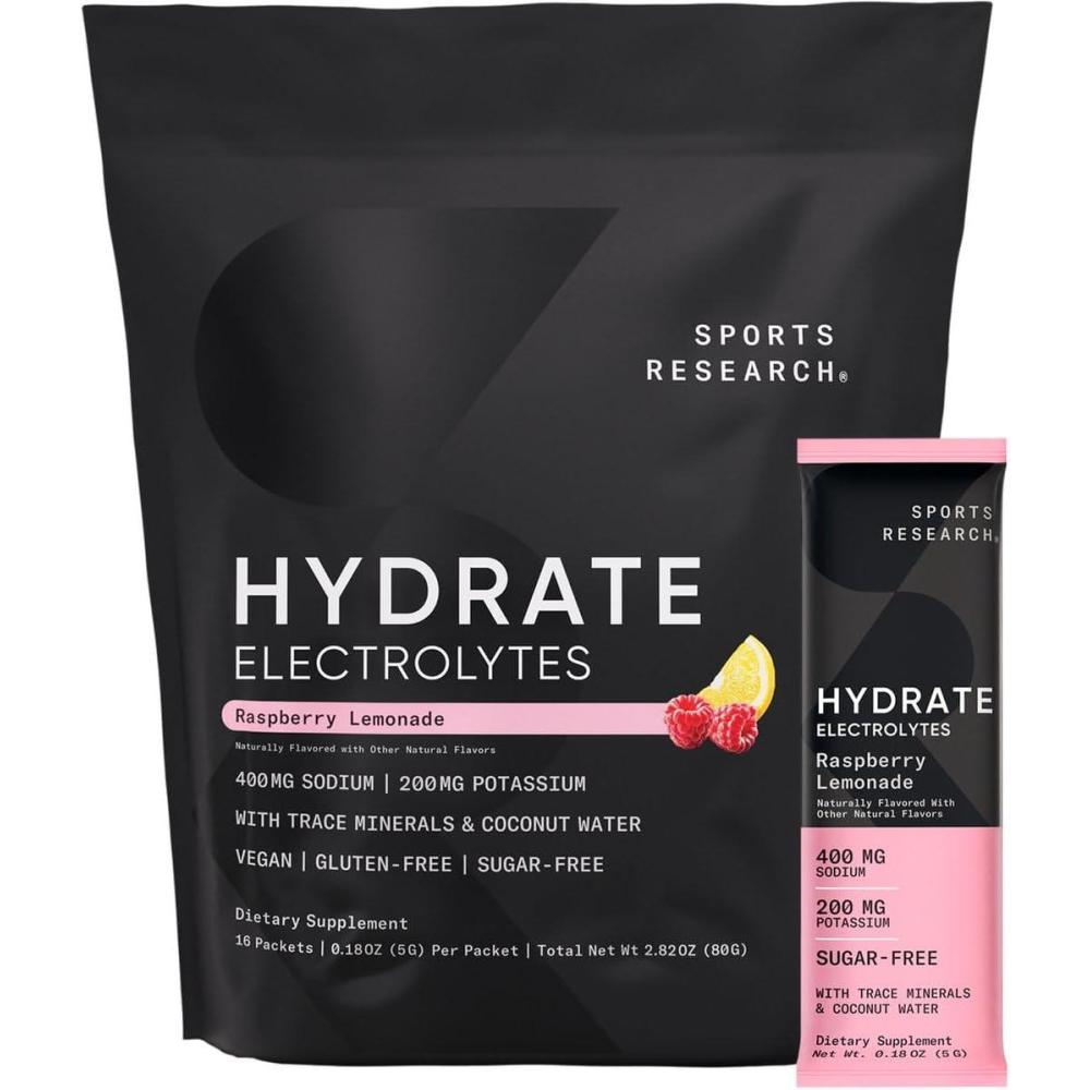 imageSports Research Hydrate Electrolytes Powder Packets  SugarFree ampamp Naturally Flavored with Vitamins Minerals and Coconut Water  Supports Hydration  32 Packets  Variety PackRaspberry Lemonade