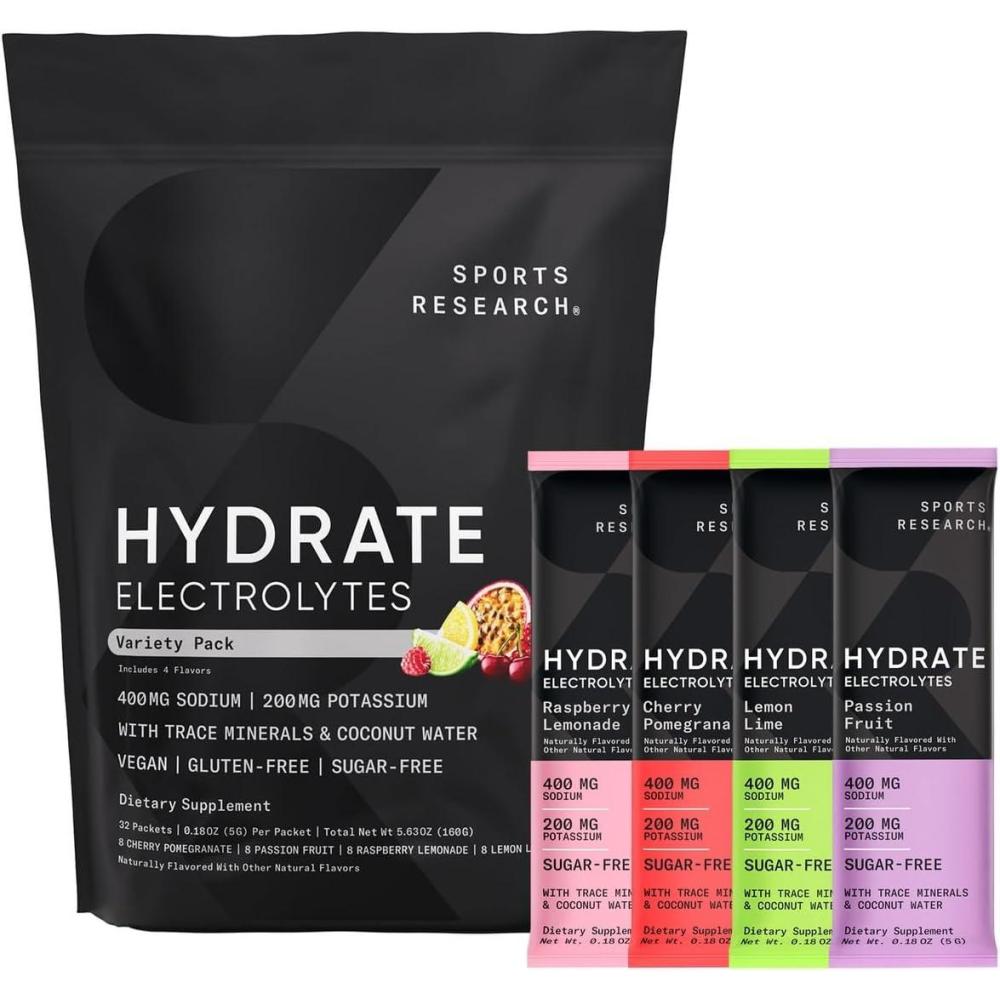 imageSports Research Hydrate Electrolytes Powder Packets  SugarFree ampamp Naturally Flavored with Vitamins Minerals and Coconut Water  Supports Hydration  32 Packets  Variety PackVariety Pack