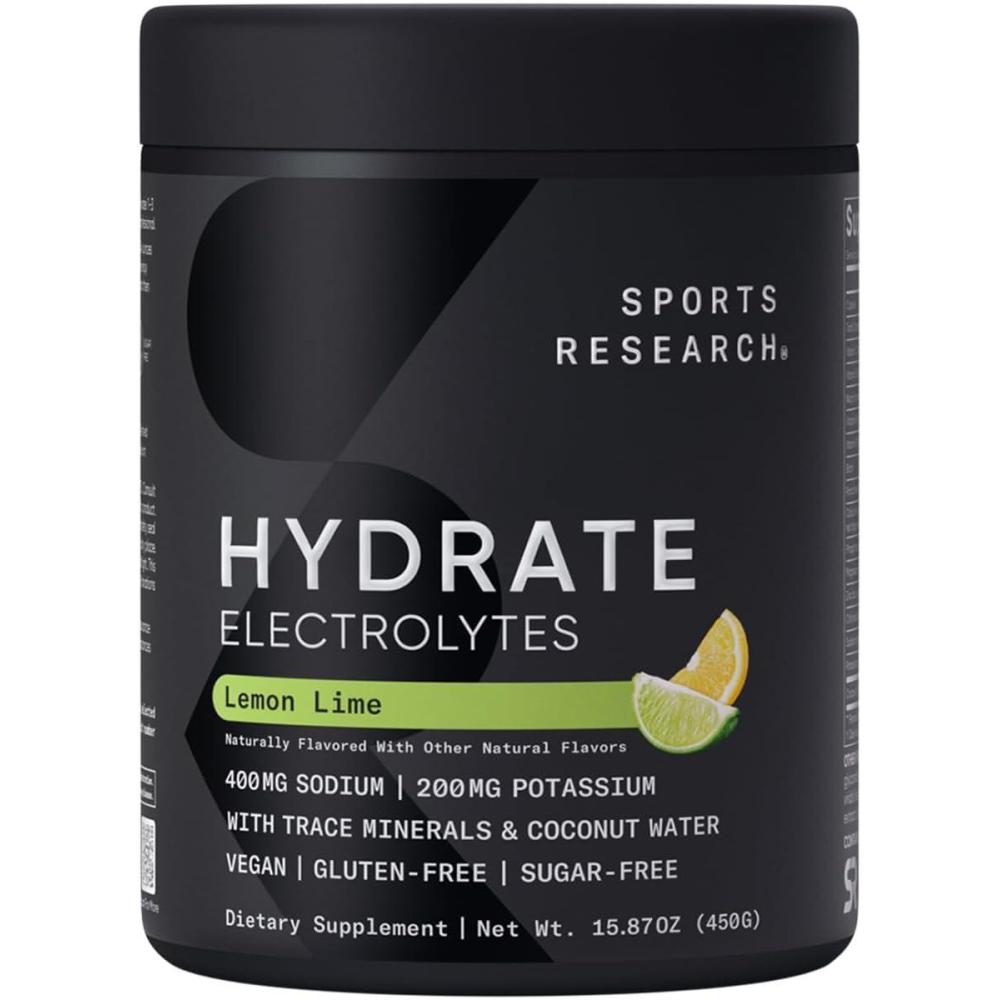 imageSports Research Hydrate Electrolytes Powder Packets  SugarFree ampamp Naturally Flavored with Vitamins Minerals and Coconut Water  Supports Hydration  32 Packets  Variety PackLemon Lime