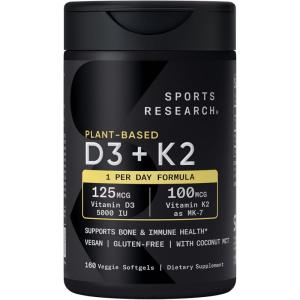 imageSports Research Vitamin D3 K2 with 5000iu of PlantBased D3 amp 100mcg of Vitamin K2 as MK7 NonGMO Verified amp Vegan Certified  160 Liquid Softgels